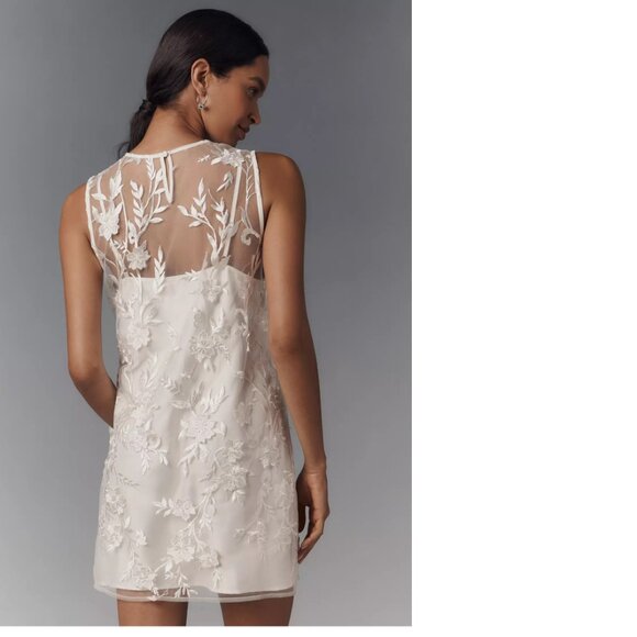 ANTHROPOLOGIE Flat White Sheer Embroidered Mini Dress size L white new - Picture 3 of 7